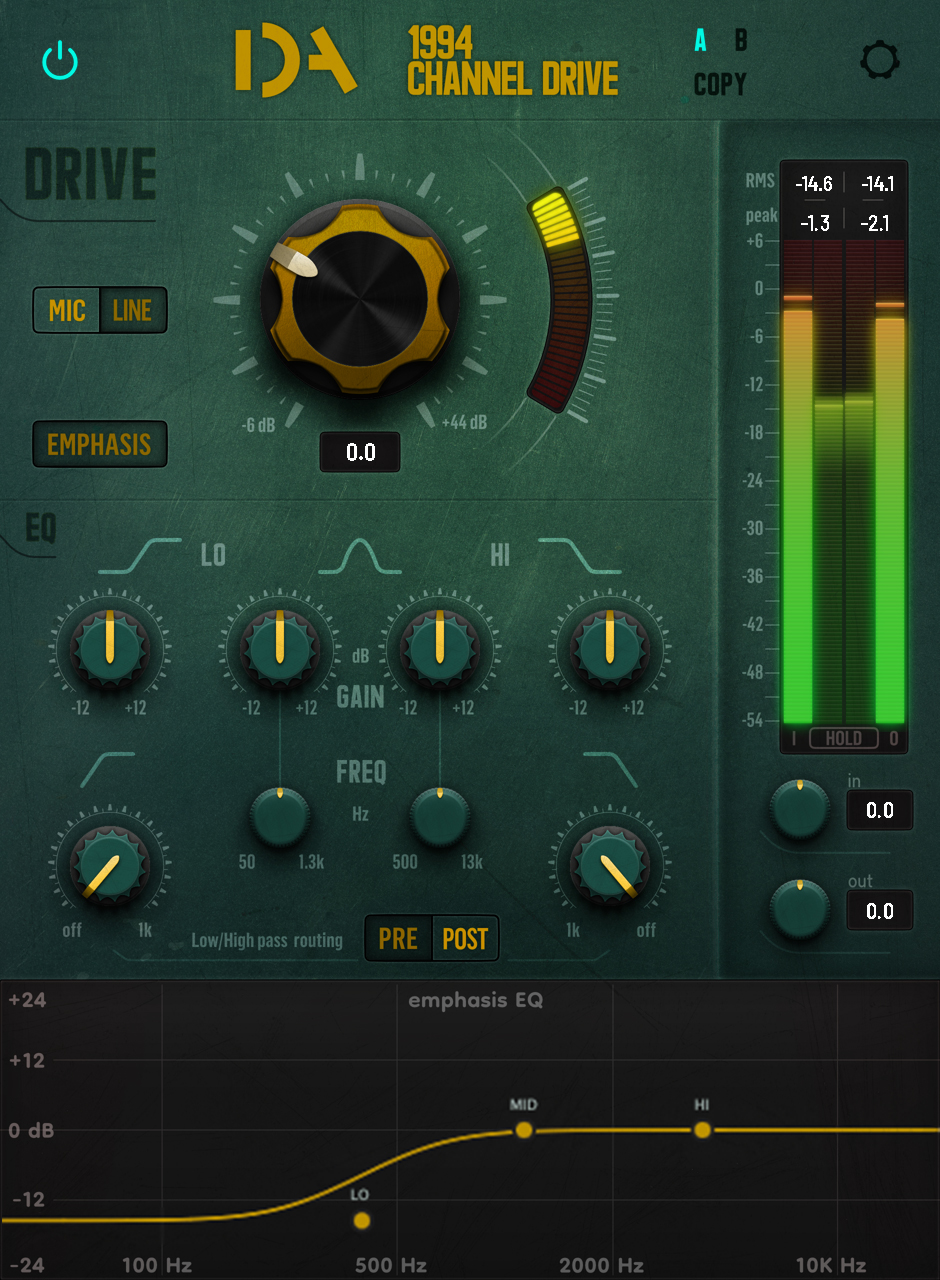 1994 Channel Drive plugin interface — Drive, Emphasis EQ and 4-band console EQ